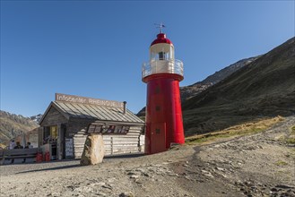 Oberalp Pass, lighthouse and Rhine spring information centre at the top of the pass, canton of