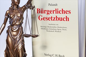 Symbolic image of a court judgement: Justitia with the Palandt (German Civil Code) in the