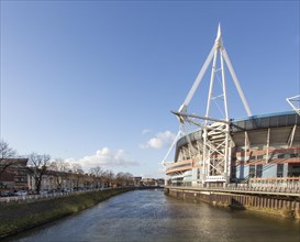 River Taff and Principality millennium stadium, Cardiff, South Wales, UK