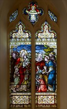 Stained glass window 'Suffer the Little Children' c 1889, Wickham Market church, Suffolk, England,
