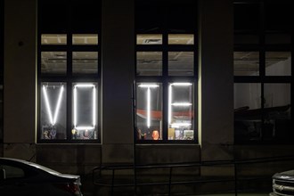 Detroit, Michigan, Lights in a store window promote voting