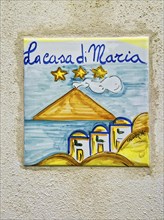 Stromboli volcano as motif on house sign, Stromboli Island, Lipari Islands, Italy, Europe