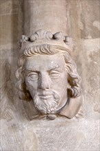 Victorian stone corbel carved head of a king, church of the Holy Cross, Sherston, Wiltshire,