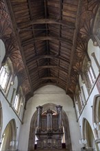 Historic wooden roof beams inside church of Saint Michael, Framlingham, Suffolk, England, UK