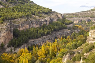 Landscape scenery of river Rio Jucar gorge with historic buildings, Cuenca, Castille La Mancha,