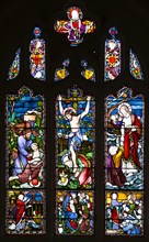 Stained glass window Lavers, Barraud and Westlake 1865 Good samaritan, Crucifixion, Jesus Christ