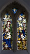 Stained glass window c 1906 Nativity scene, Thorpe Morieux church, Suffolk, England, UK