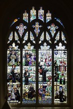 Stained glass window of saints, Bauchon chapel of Our Lady of Pity, Norwich Cathedral, Norfolk,