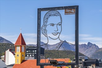 Artwork with a picture of the politician Eva Peron, also Evita, by artist Alejandro Marmo, Ushuaia,