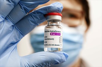 Vaccine vials with the Covid19 vaccine Astra Zenica in a vaccination centre, Schoenefeld, 26.02