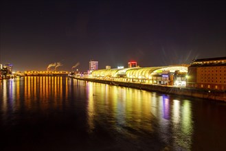 Night skyline of Ludwigshafen with the Rhine, the Rheingalerie and the Konrad Adenauer Bridge in