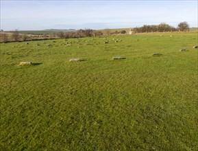 Concrete post markers at neolithic The Sanctuary prehistoric site, Overton Hill, Wiltshire,
