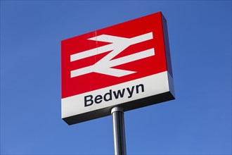 Double arrow British Rail logo designer Gerry Barney, Great Bedwyn railway station, Wiltshire,