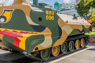 Side view of LVTP-7 amphibious assault vehicle on display at seaside park in Seosan, South Korea,