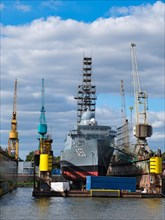Warship in the dockyard in Hamburg harbour, Bundeswehr, Hanseatic City of Hamburg, Hamburg,