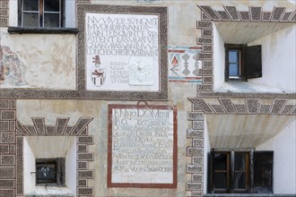 Window, historic house, sgraffito, facade decorations, Ardez, Engadin, Grisons, Switzerland, Europe
