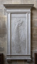 White gesso plaque memorial 1886 by Edward Burne-Jones to Laura Lyttelton, Mells church, Somerset,