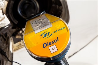 Close-up of a car refuelling with diesel at a JET filling station