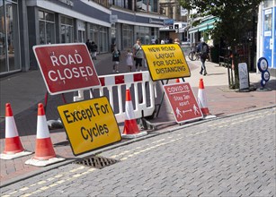 Road closed for new social distancing layout in town centre, Carr Street, Ipswich, Suffolk,