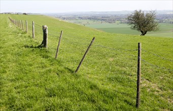 Fence running along top of chalk scarp slope looking south east over Vale of Pewsey, near Knap