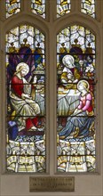 Stained glass window of Jesus Christ and Mary at table, church of Saint Margaret, Linstead Parva,