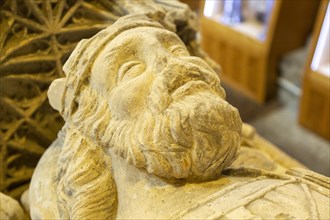 Close up effigy Athelstan Saxon King fifteenth century memorial tomb, Malmesbury abbey, Wiltshire,
