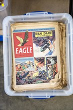 Vintage Eagle comics with Dan Dare cartoon story on display in house clearance auction sale room,