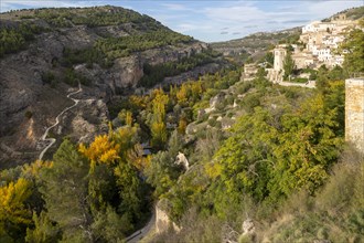Landscape scenery of river Rio Jucar gorge with historic buildings, Cuenca, Castille La Mancha,