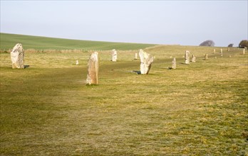 Lines of standing sarsen stones form the Avenue, Avebury World Heritage site, Wiltshire, England,