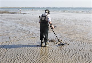 Male detectorist using metal detector at low tide, sandy beach Studland Bay, Swanage, Dorset,