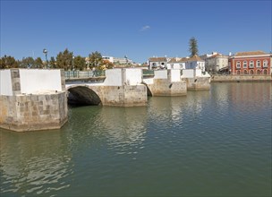Ponte Romana de Tavira, Roman Bridge spanning the River Gilao, town of Tavira, Algarve, Portugal,