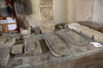Anglo Saxon carved stone crosses from 9th-11th century, Holy Cross church, Ramsbury, Wiltshire,