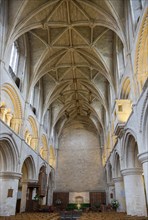 Vaulted roof celing with carved stone bosses inside Malmesbury abbey church, Wiltshire, England, UK