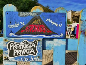 Stromboli volcano as motif on house sign, Stromboli Island, Lipari Islands, Italy, Europe