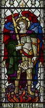 Stained glass window of Saint Michael, Saint Thomas church, Salisbury, Wiltshire, England, 1920,
