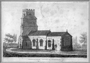Old engraving of village parish church Rendlesham, Suffolk, England, UK 1821