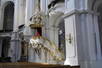 Pulpit, interior view of St Trinitatis Cathedral, altar, nave, Dresden, Free State of Saxony,