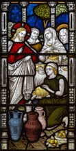 Victorian stained glass window, Tidworth south church, Wiltshire, England, UK Marriage at Cana by