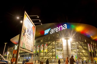 Night shot of the SAP Arena in Mannheim during a match at the 2024 European Handball Championships