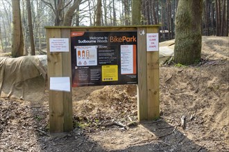 Sign at BikePark, Sudbourne Woods, Forestry Commission Bike Park, Suffolk, England, UK