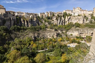 Historic buildings on cliff of river gorge, Rio Huecar, Cuenca, Castille La Mancha, Spain, Europe
