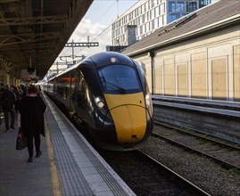 GWR Intercity Express train arriving at platform Cardiff railway station, South Wales UK, Main Line