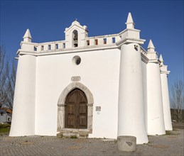 Late Gothic architectural style whitewashed hermitage chapel of Saint Sebastian, 'Ermida de Sao