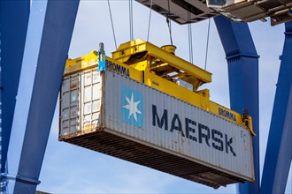 A Maersk Line container is loaded in the port of Mannheim, Germany. Supply bottlenecks and a sharp