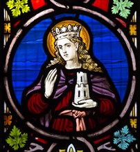 Church of Saint Edmund, Bromeswell, Suffolk, England, UK stained glass window of Saint Barbara