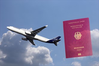 Symbolic image: Lufthansa passenger aircraft taking off, in the background a passport of the