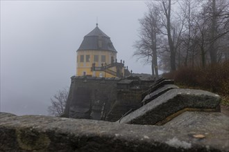 Winter atmosphere at the mountain fortress. Friedrichsburg (Christiansburg), Koenigstein, Saxony,