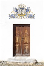 Manueline doorway ceramic Azulejo tile architectural features, village of Alvito, Baixo Alentejo,