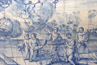 Blue and white azulejo tiles pictures related to geometry and mathematics, University of Evora,