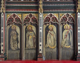 Victorian rood screen paintings of saints, Bildeston church, Suffolk, England, UK, St John, St